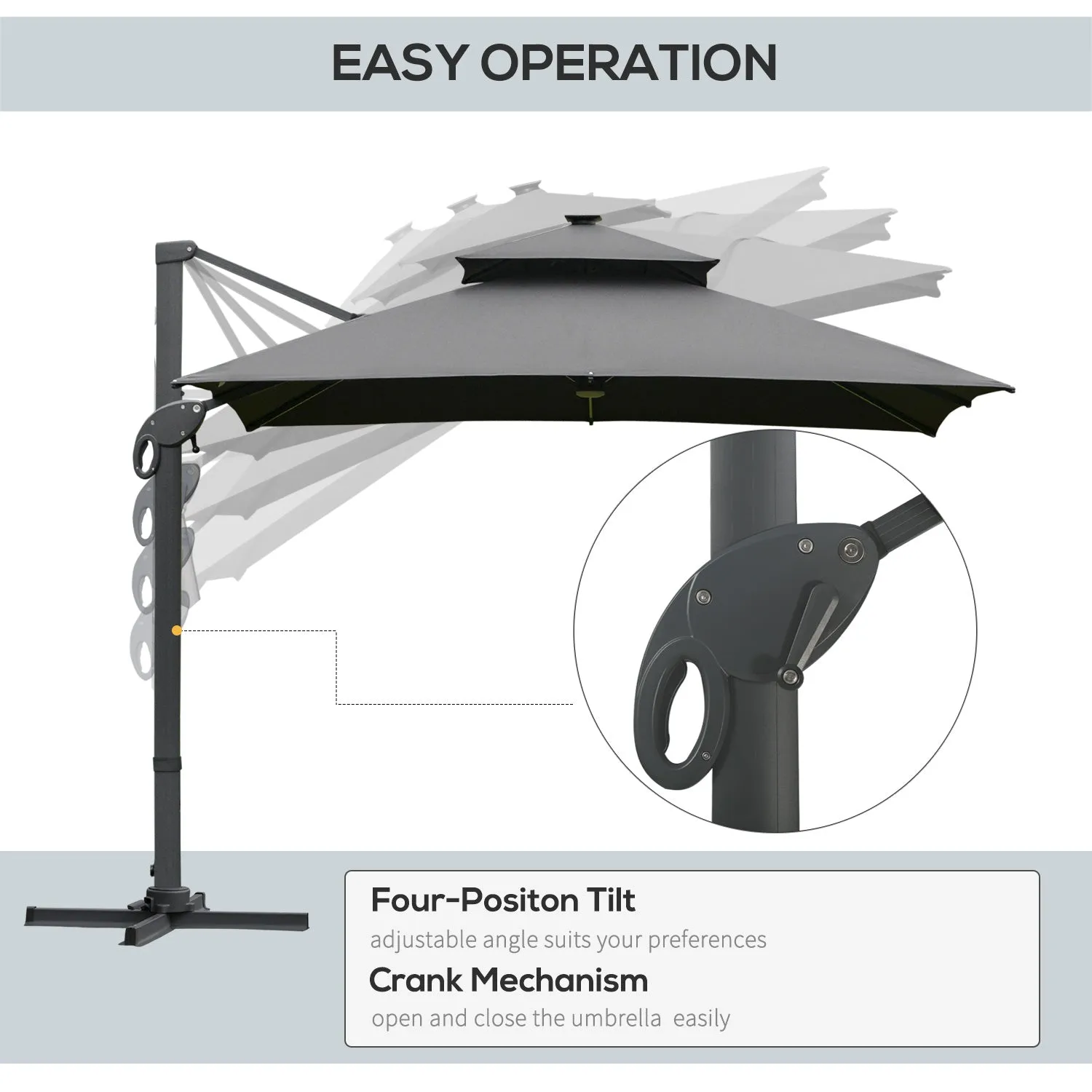 Outsunny 3 x 3(m) Cantilever Roma Parasol Garden Sun Umbrella, Two-tier 250g Polyester Sun Shade with LED Solar Light, Aluminum Frame, Cross Base 360√Ç¬¨√Ç¬®√¢¬Ä¬ö√É¬†√É¬ª Rotating for Backyard Gray