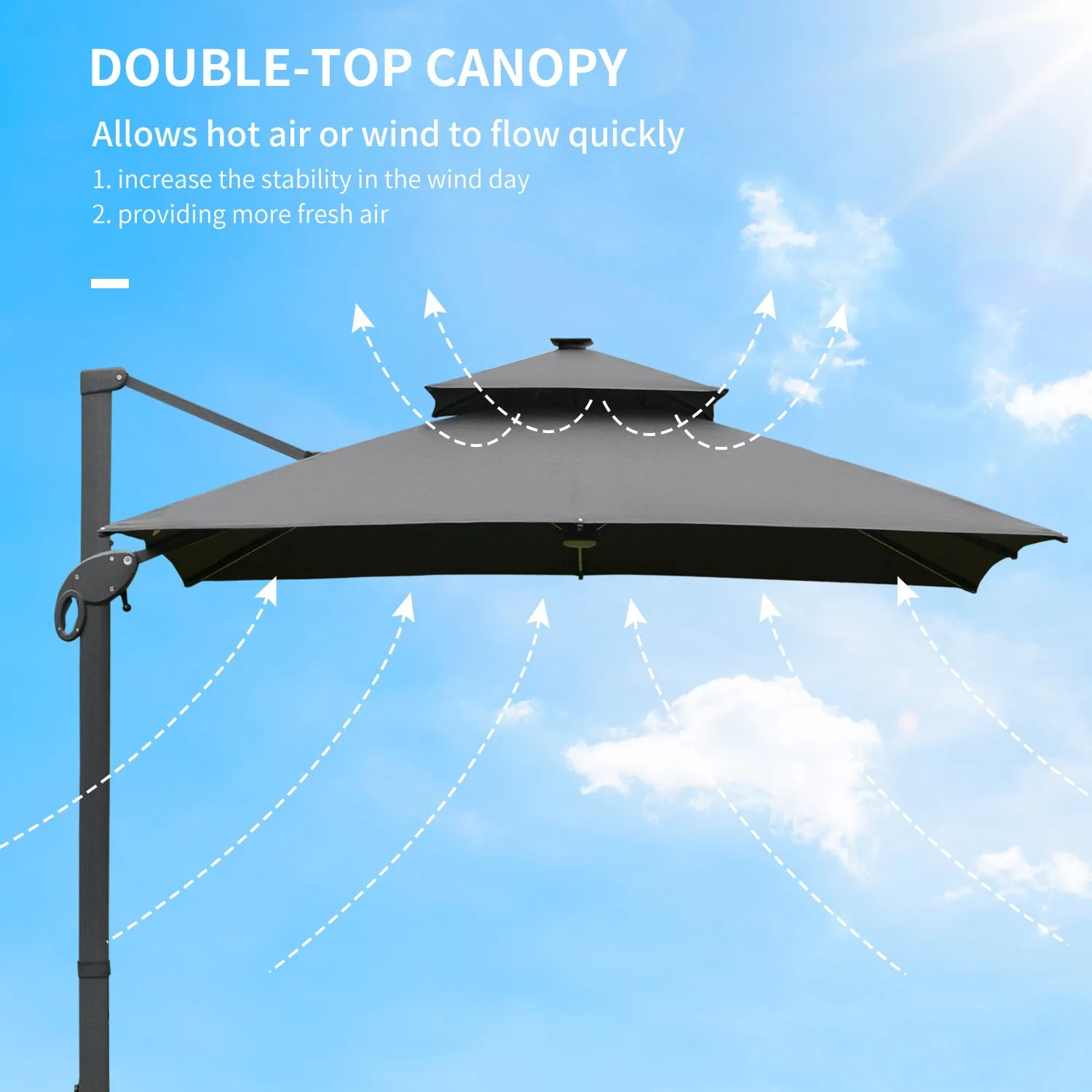 Outsunny 3 x 3(m) Cantilever Roma Parasol Garden Sun Umbrella, Two-tier 250g Polyester Sun Shade with LED Solar Light, Aluminum Frame, Cross Base 360√Ç¬¨√Ç¬®√¢¬Ä¬ö√É¬†√É¬ª Rotating for Backyard Gray