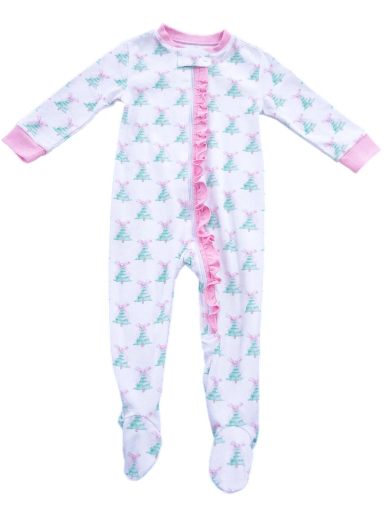 Pink Christmas Tree Knit One Piece Zip Up Jammies