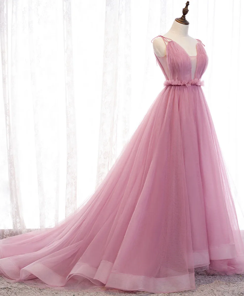 Pink V Neck Long Prom Dress, Aline Pink Formal Evening Dresses