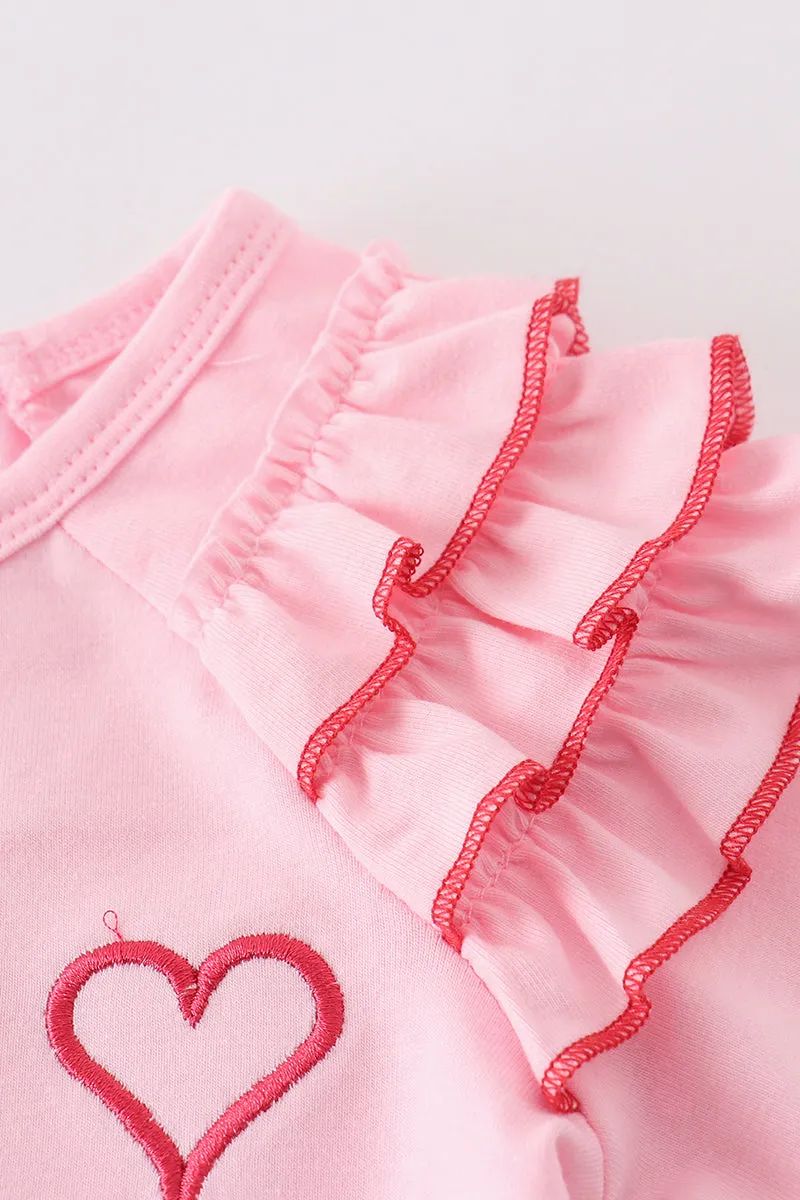 Pink valentine heart embroidery girl top