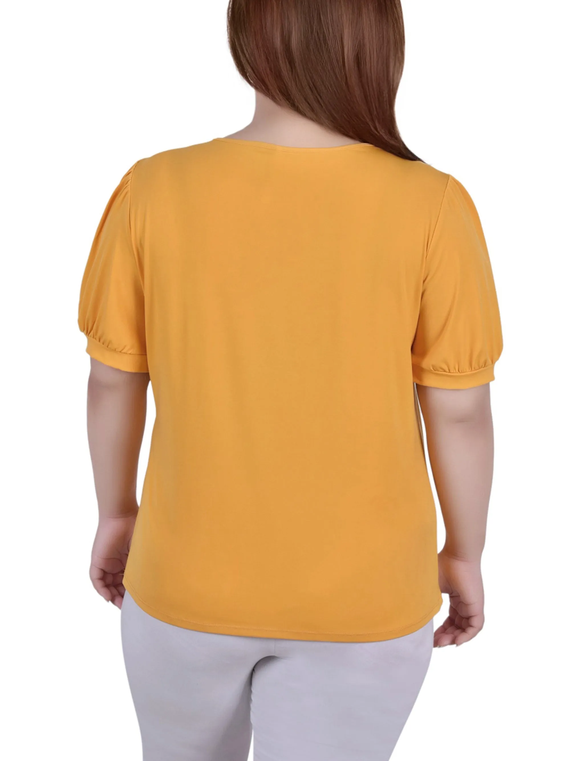 Plus Size Short Puff Sleeve Sheer Inset Top