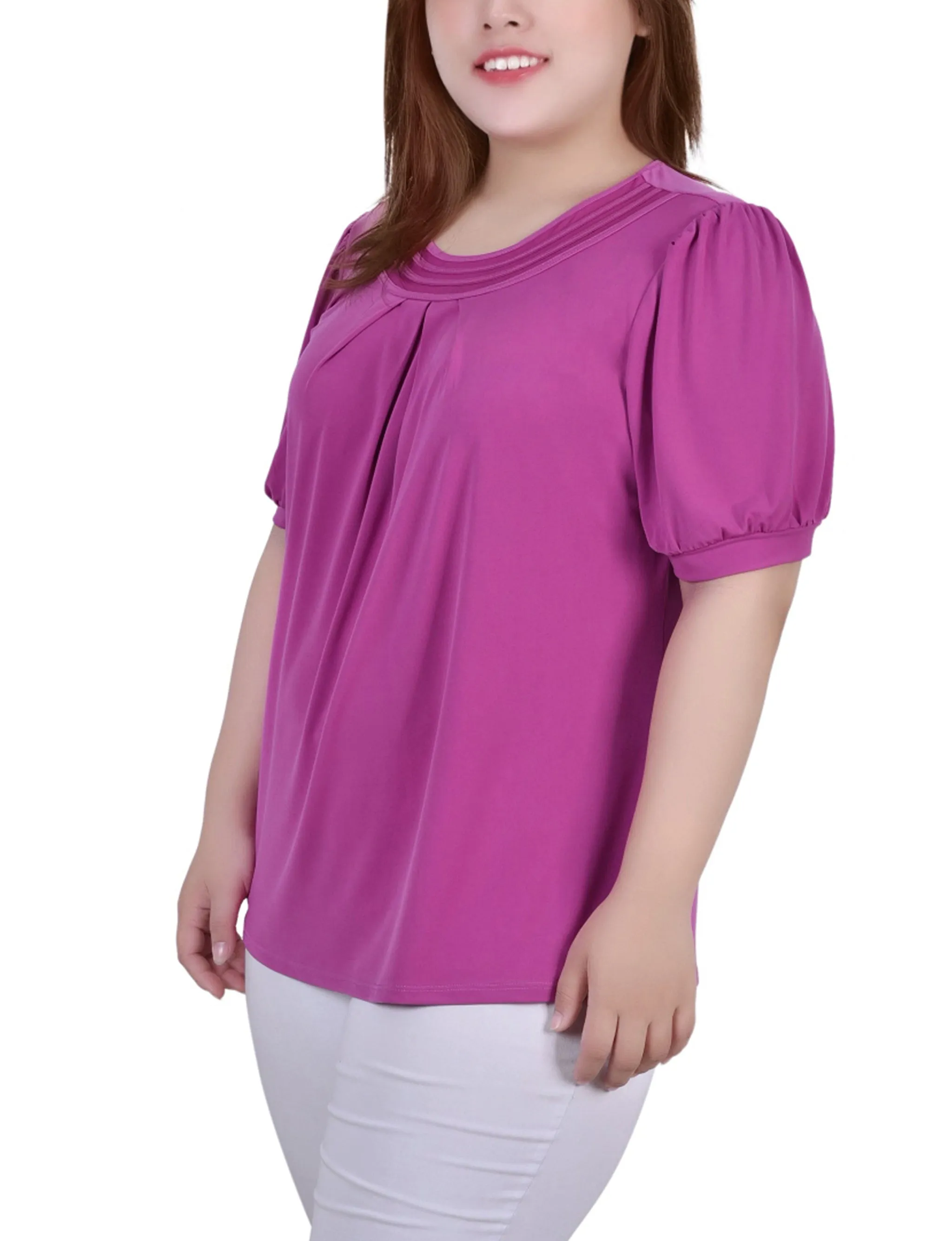 Plus Size Short Puff Sleeve Sheer Inset Top