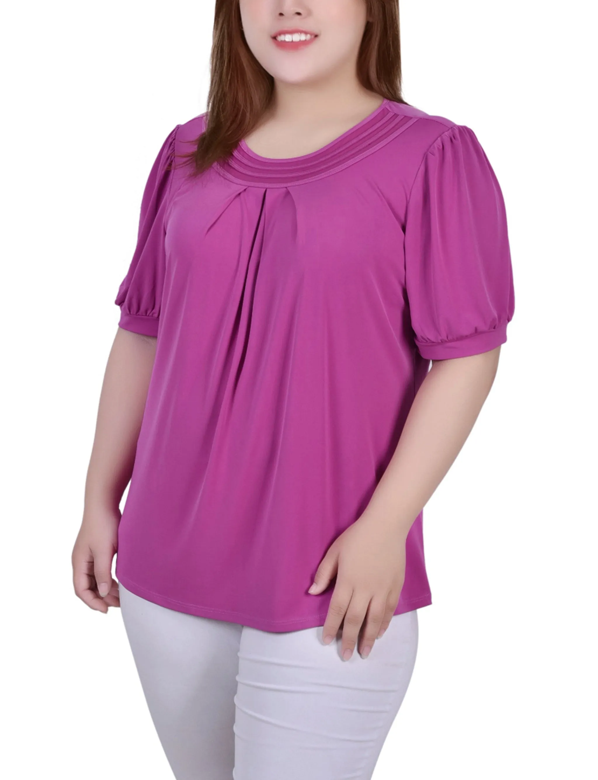 Plus Size Short Puff Sleeve Sheer Inset Top