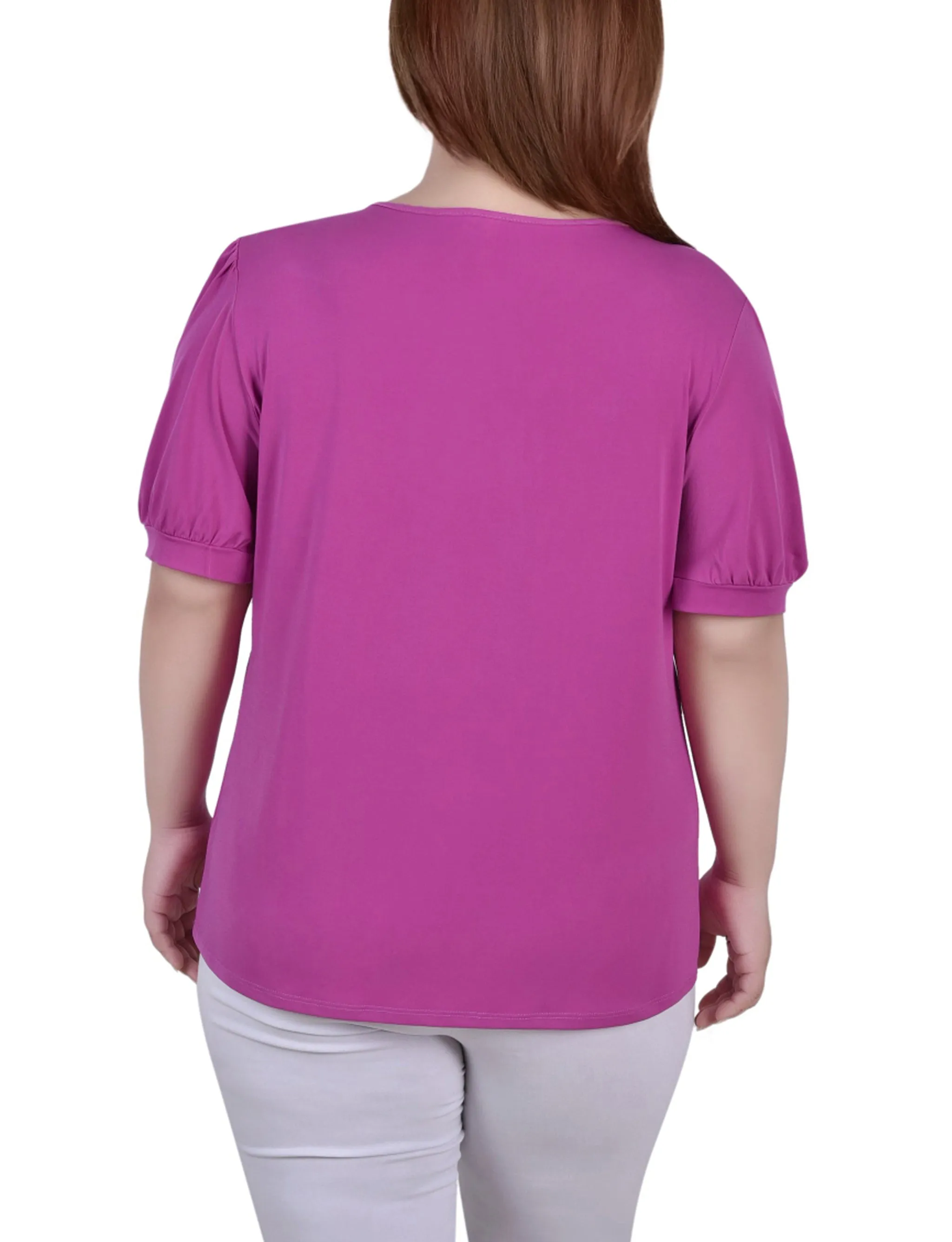 Plus Size Short Puff Sleeve Sheer Inset Top