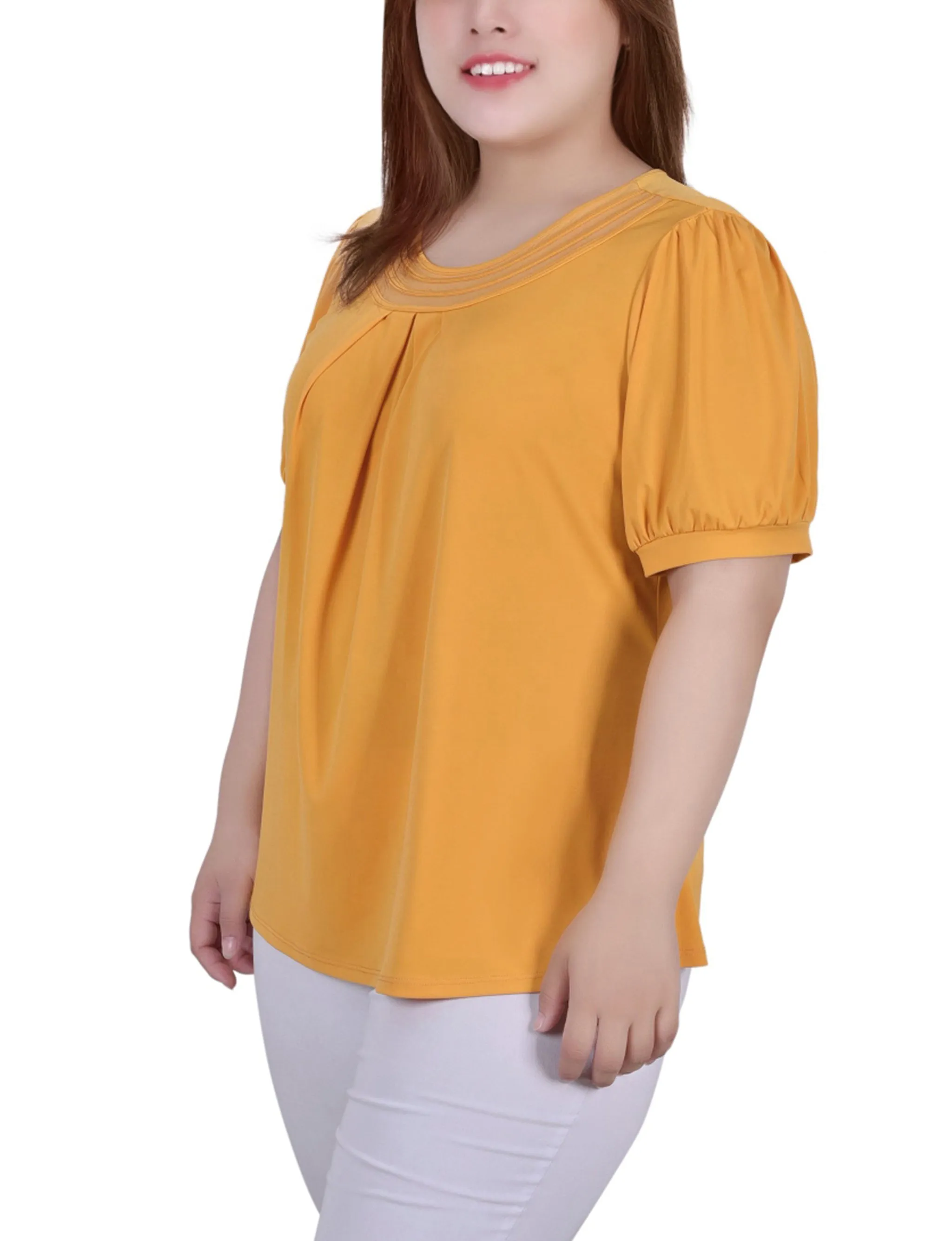 Plus Size Short Puff Sleeve Sheer Inset Top