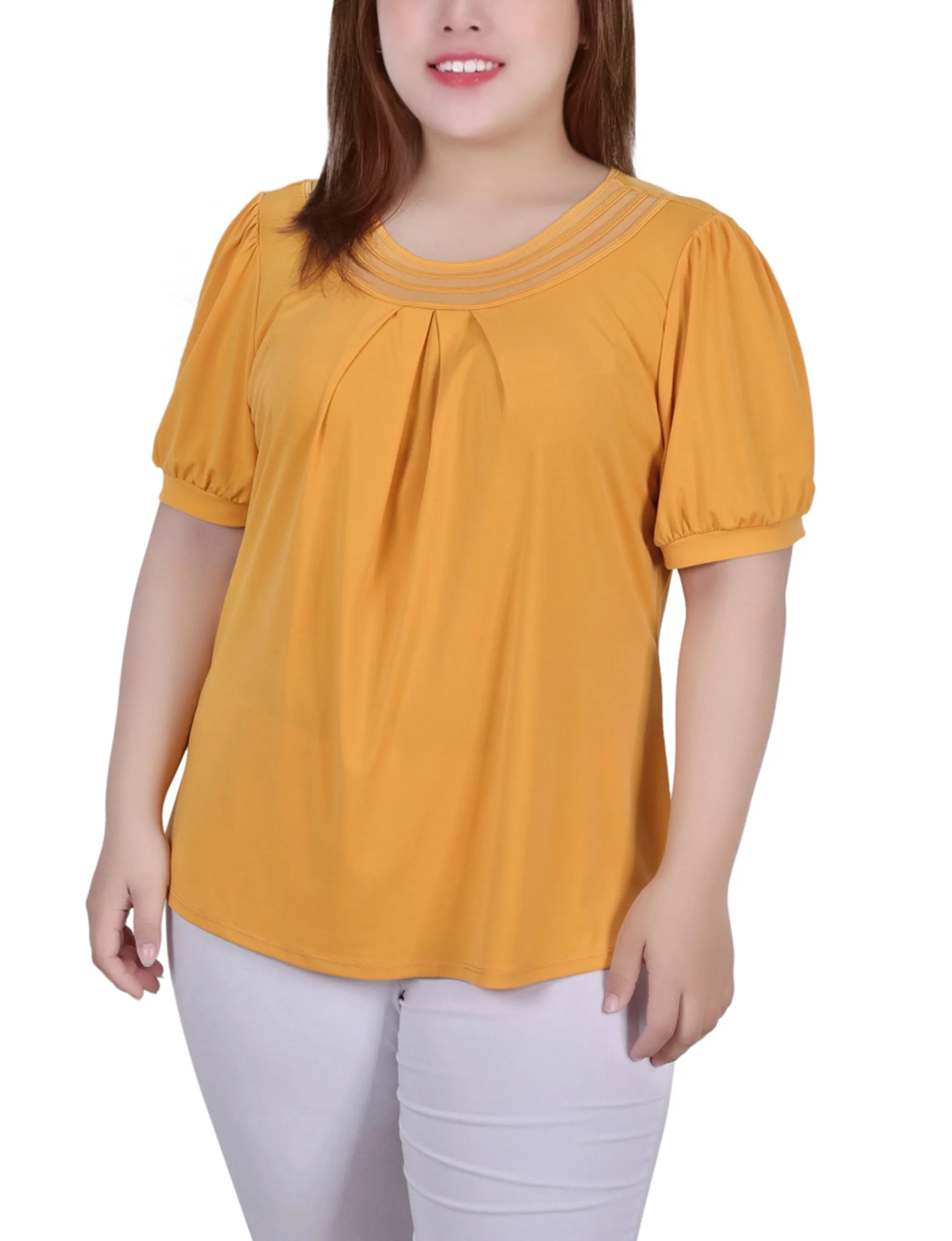 Plus Size Short Puff Sleeve Sheer Inset Top