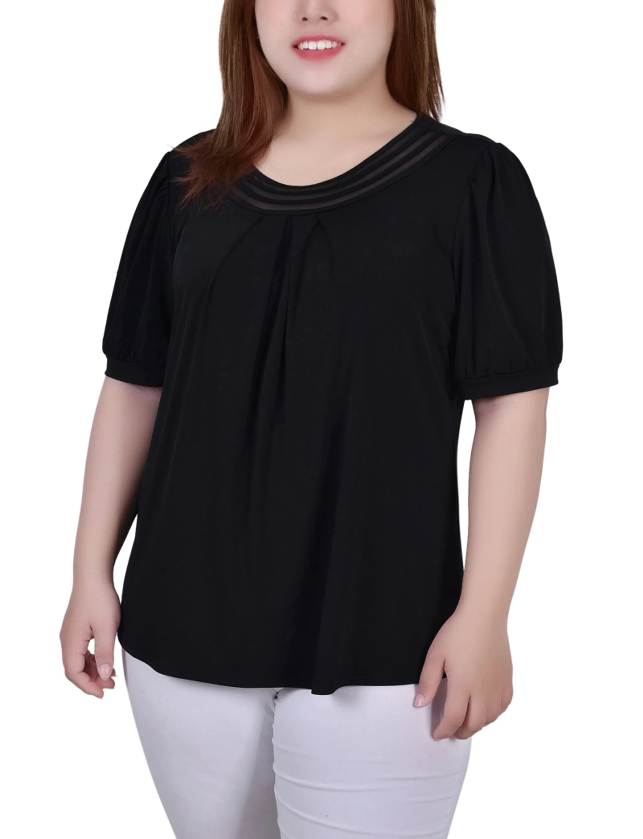 Plus Size Short Puff Sleeve Sheer Inset Top