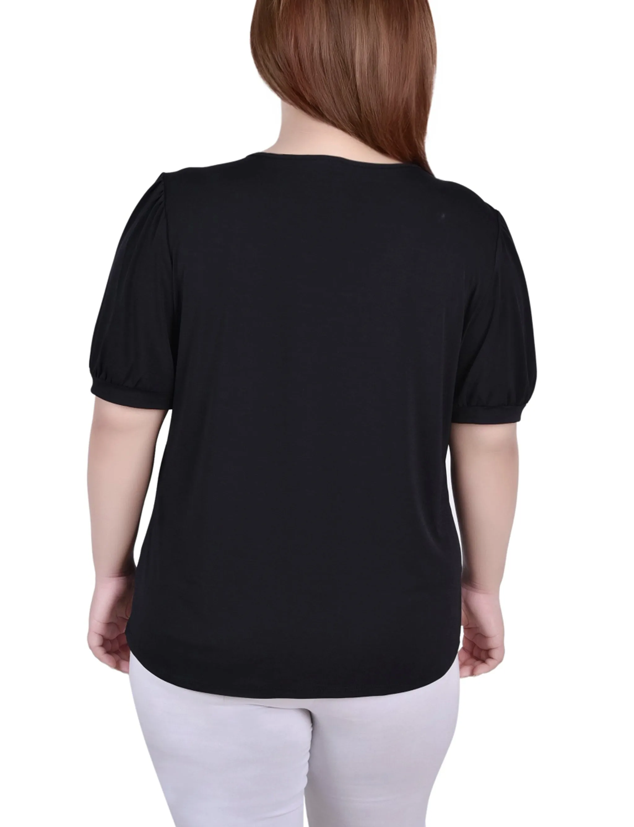 Plus Size Short Puff Sleeve Sheer Inset Top