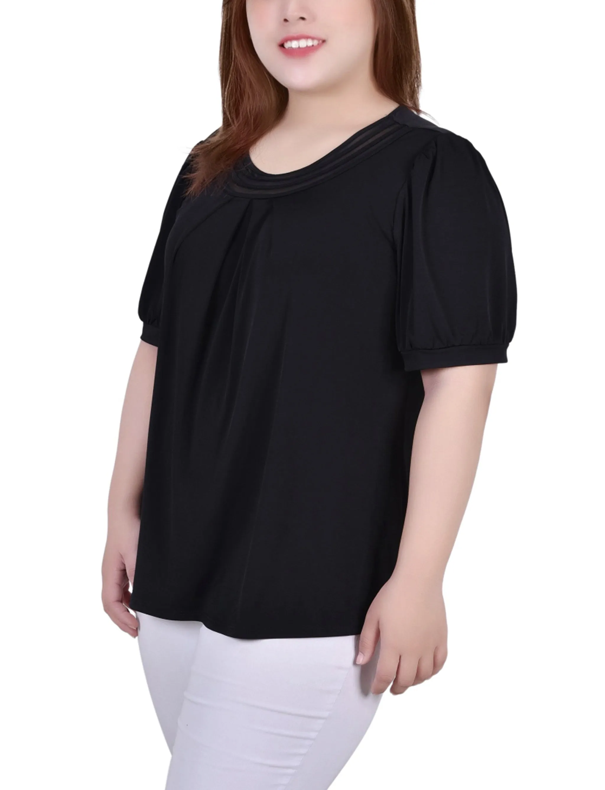 Plus Size Short Puff Sleeve Sheer Inset Top