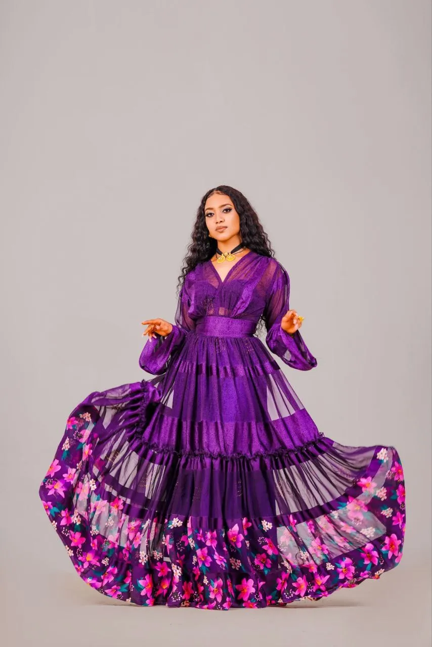 Purple Contemporary Ethiopian Chiffon Dress: with Exquisite Colorful Floral Habesha Chiffon Dress