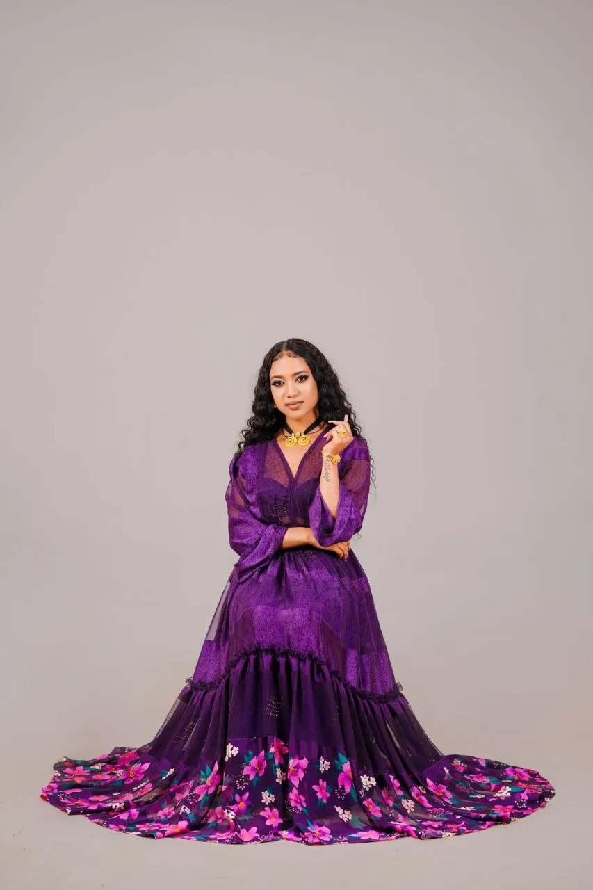 Purple Contemporary Ethiopian Chiffon Dress: with Exquisite Colorful Floral Habesha Chiffon Dress