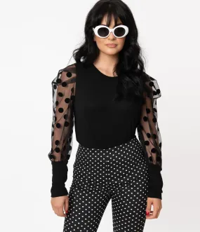 Retro Style Black & Sheer Swiss Dot Top