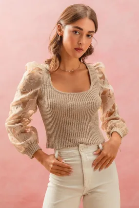 Rib Knit Sweater with Sheer Lace Puff Sleeves