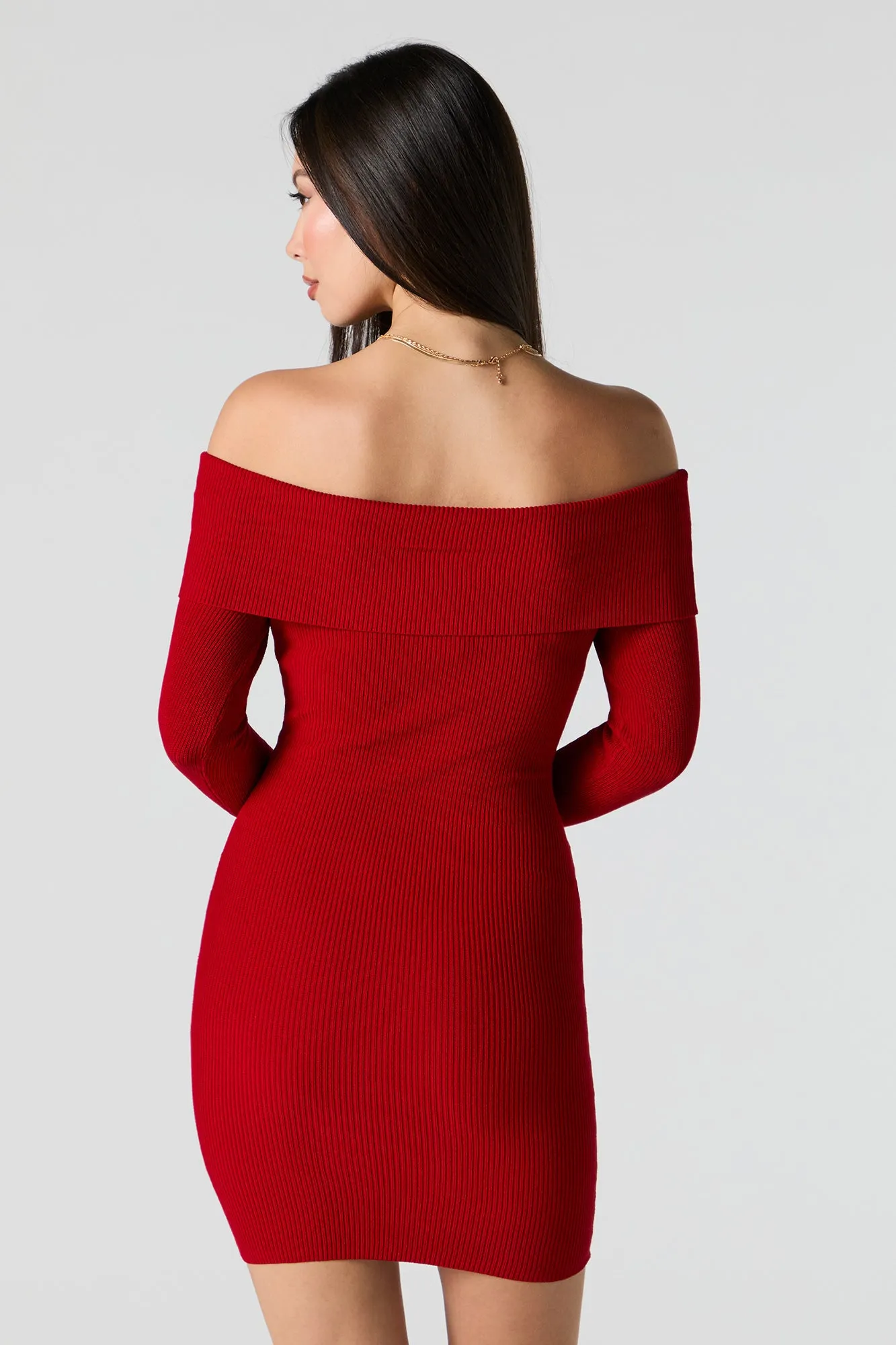 Ribbed Knit Off Shoulder Mini Sweater Dress