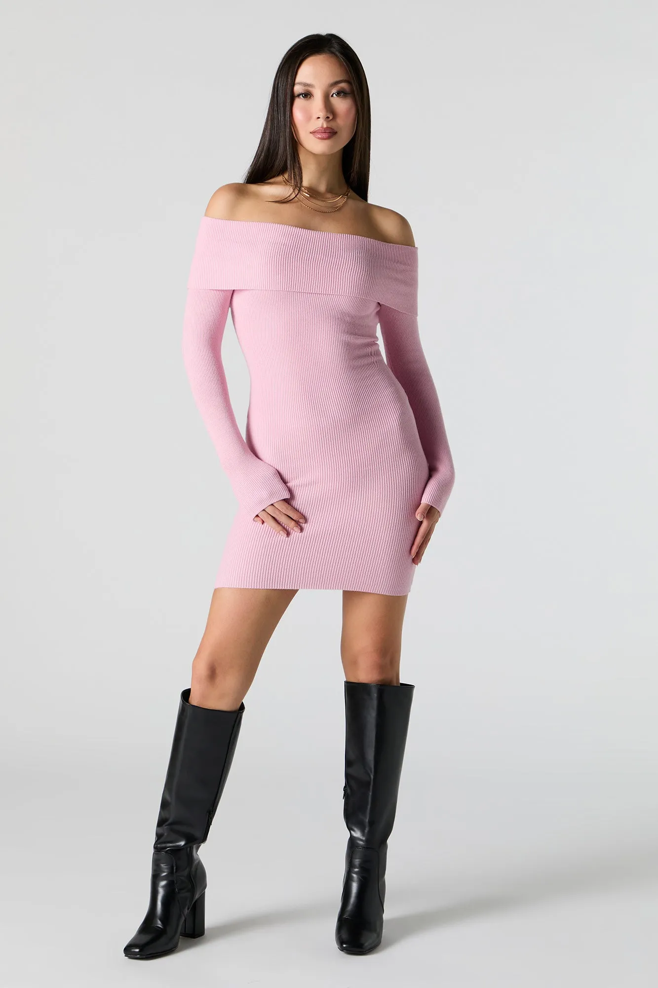 Ribbed Knit Off Shoulder Mini Sweater Dress