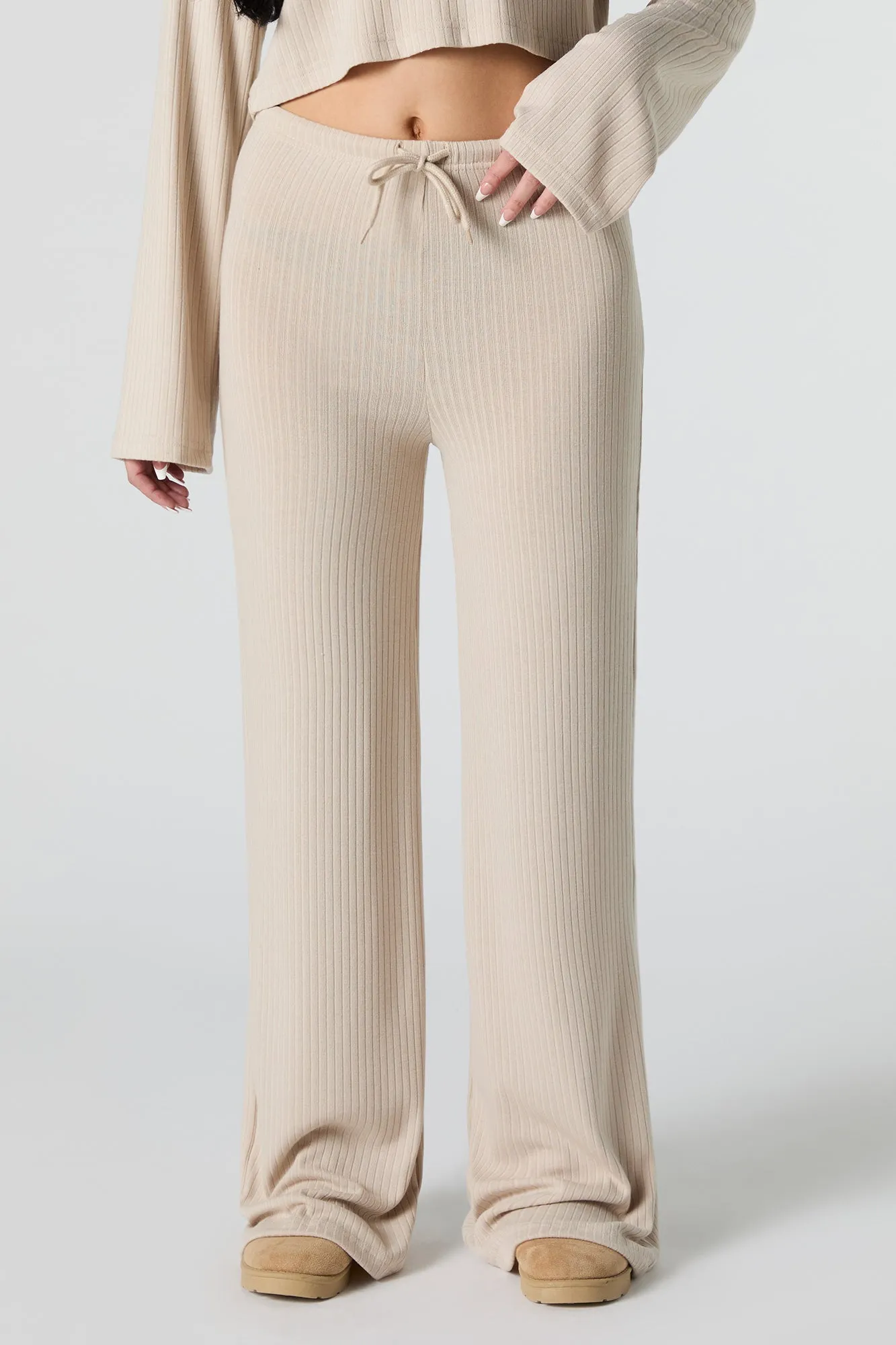 Ribbed Knit Wide Leg Drawstring Pant