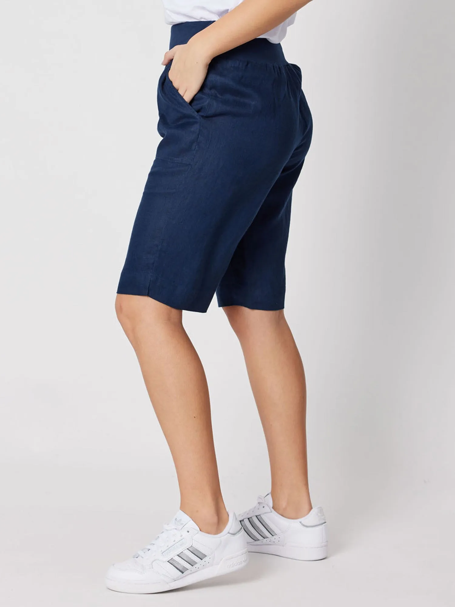 Ribbed Waist Linen Short - Marine