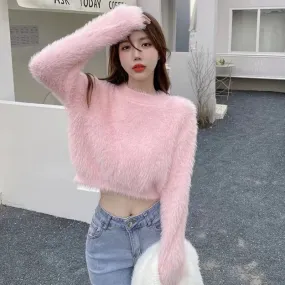 Round Neck Long Sleeve Knitted Velvet Sweater