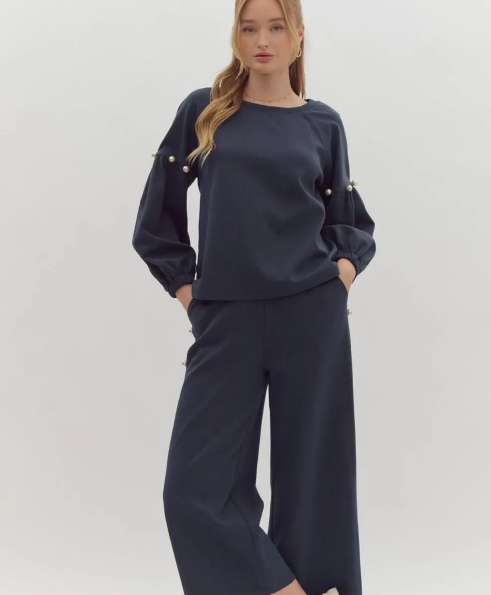 Round Neck Pants Set - Navy