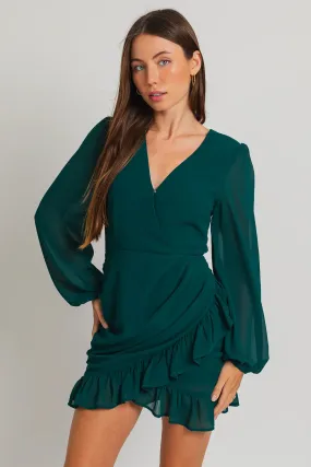 Ruffle Ruched Detail Wide Sleeve Chiffon Mini Dress