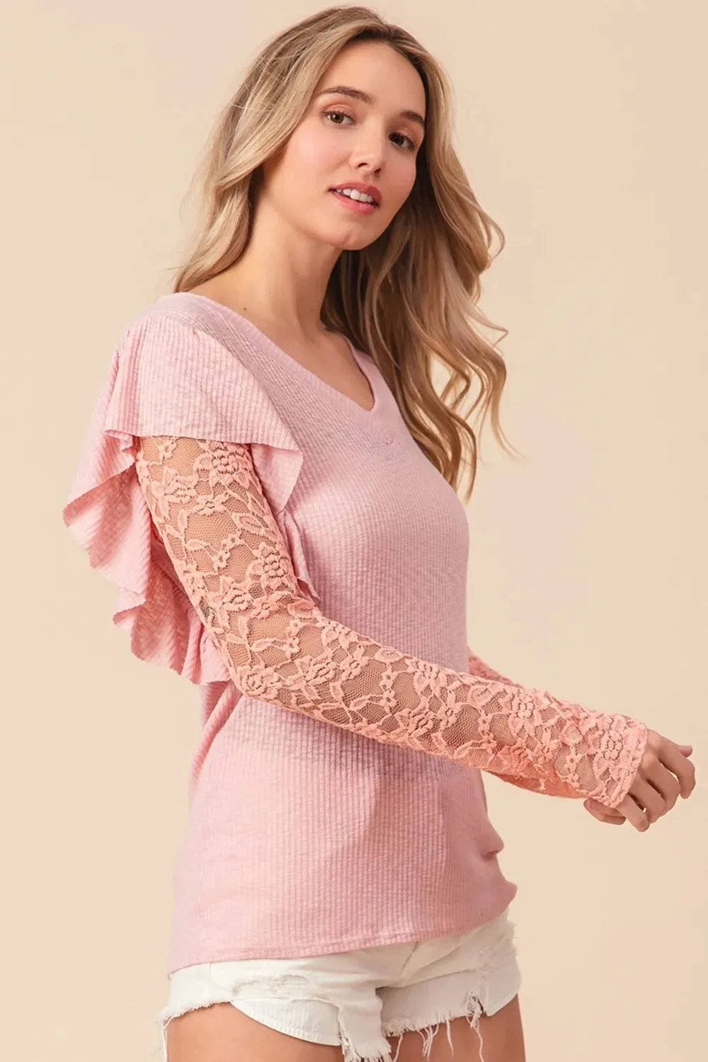 Ruffled Lace Sleeve Rib Knit Top