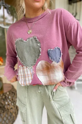 Sally Heart Patch Mineral Washed Long Sleeve Knit Top