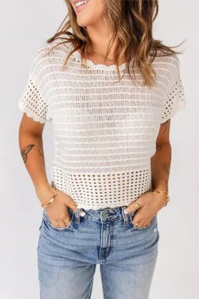 Scalloped Trim Openwork Knit Cropped Top