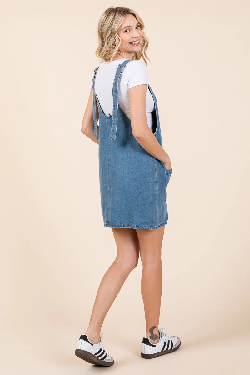 Scoop Neck Denim Short Overall Dress Skirtall