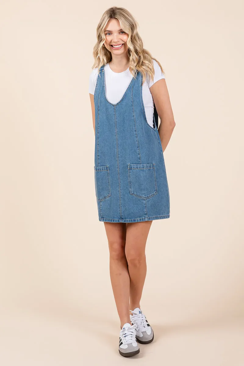 Scoop Neck Denim Short Overall Dress Skirtall