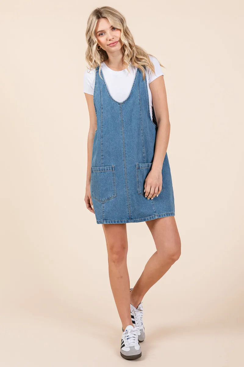 Scoop Neck Denim Short Overall Dress Skirtall