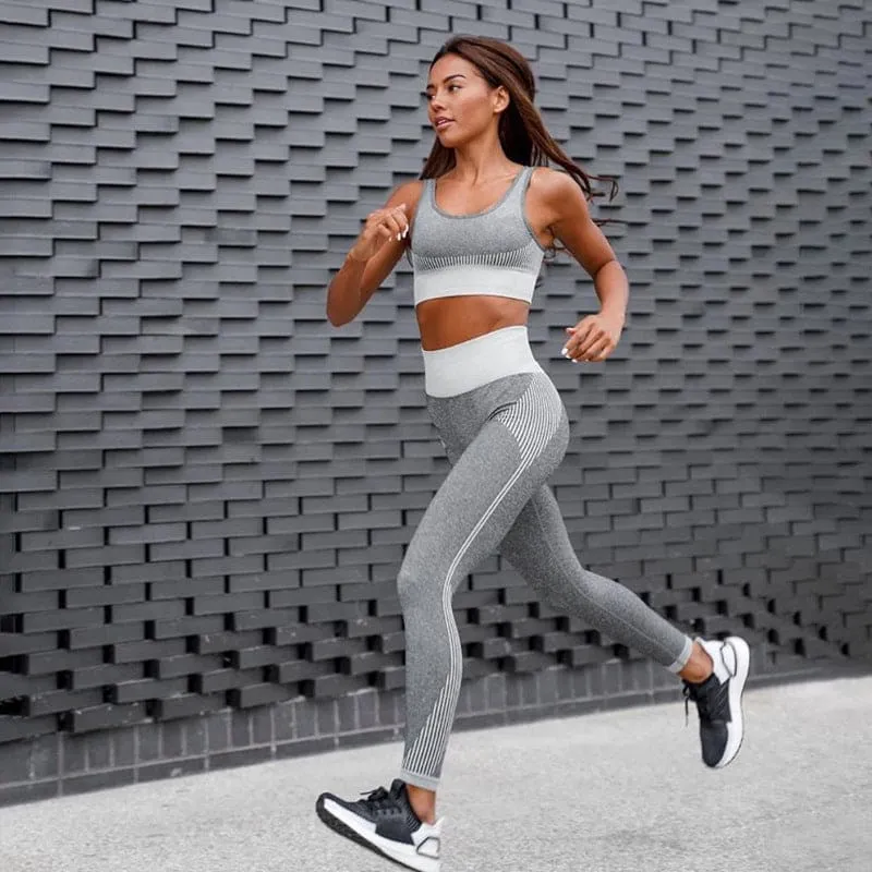 Seamless Striped High Waist Leggings and Sports Bra Set