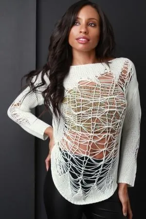 Semi-Sheer Shredded Knit Long Sleeve Top