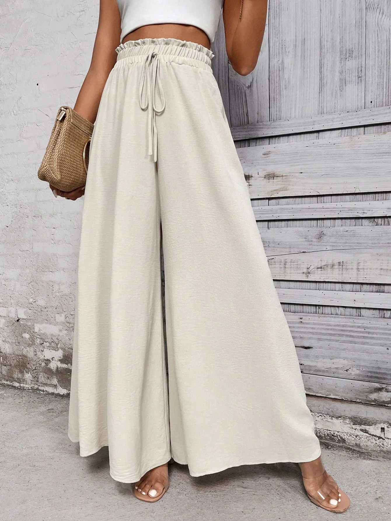 SHEIN LUNE Paperbag Waist Knot Front Wide Leg Pants