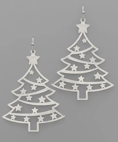 Silver Starry Night Christmas Tree Earrings