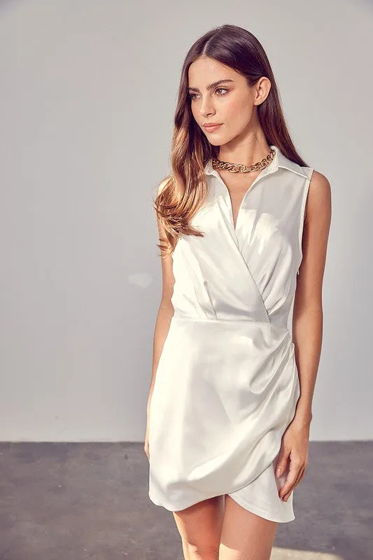 Sleeveless Satin Mini Collared Wrap Dress