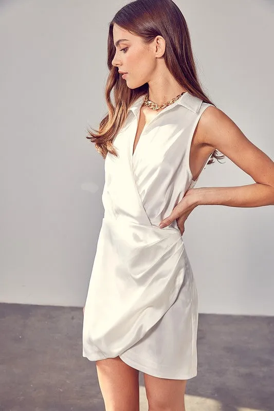 Sleeveless Satin Mini Collared Wrap Dress