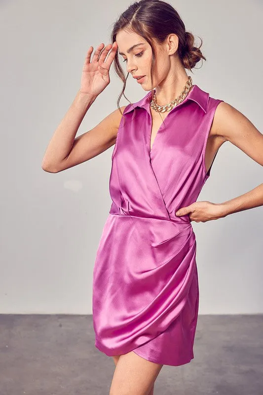 Sleeveless Satin Mini Collared Wrap Dress