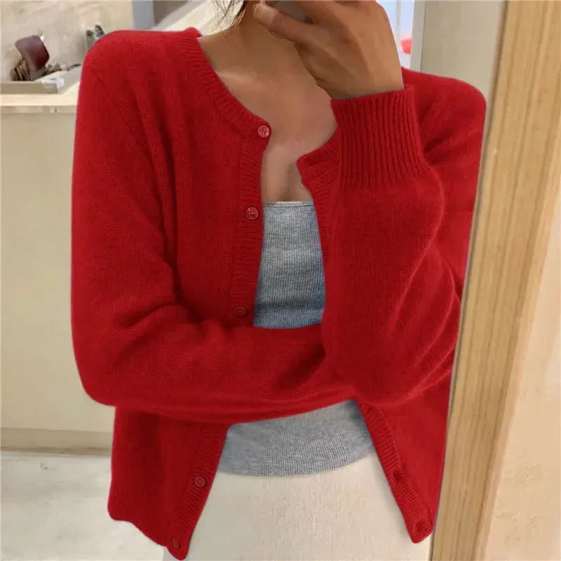 Solid Color Knitted Long Sleeve Round Neck Sweater