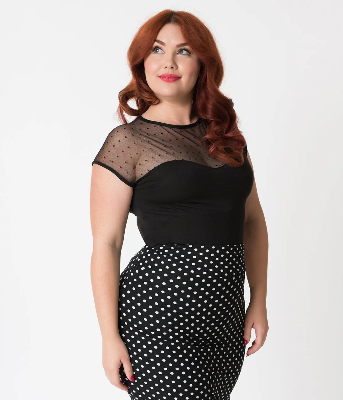 Steady Plus Size Black Dot Sheer Miss Fancy Knit Top