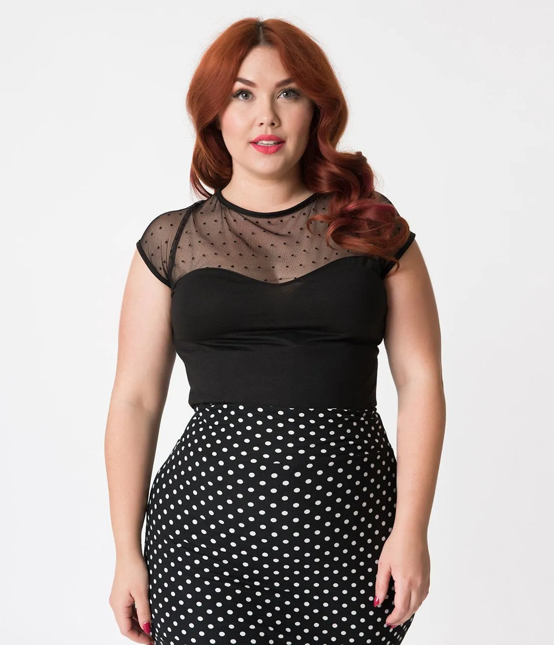 Steady Plus Size Black Dot Sheer Miss Fancy Knit Top