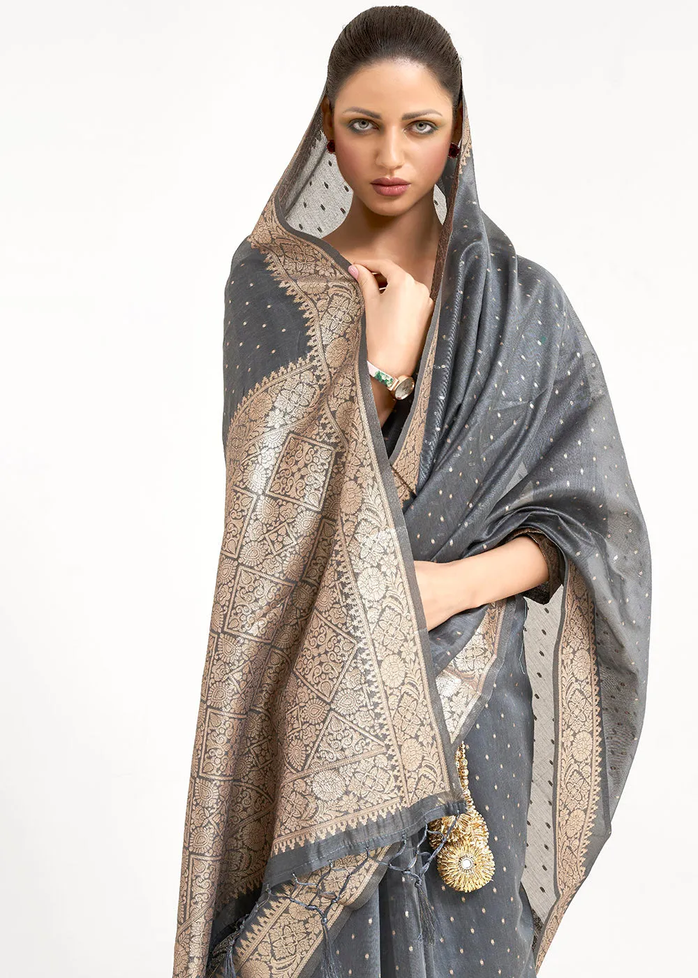 Steel Grey Woven Banarasi Silk Saree with overall Mukaish work