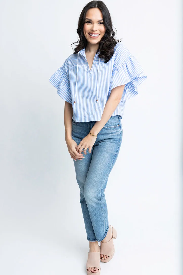 Stripe Poplin Ruffle Sleeve Top