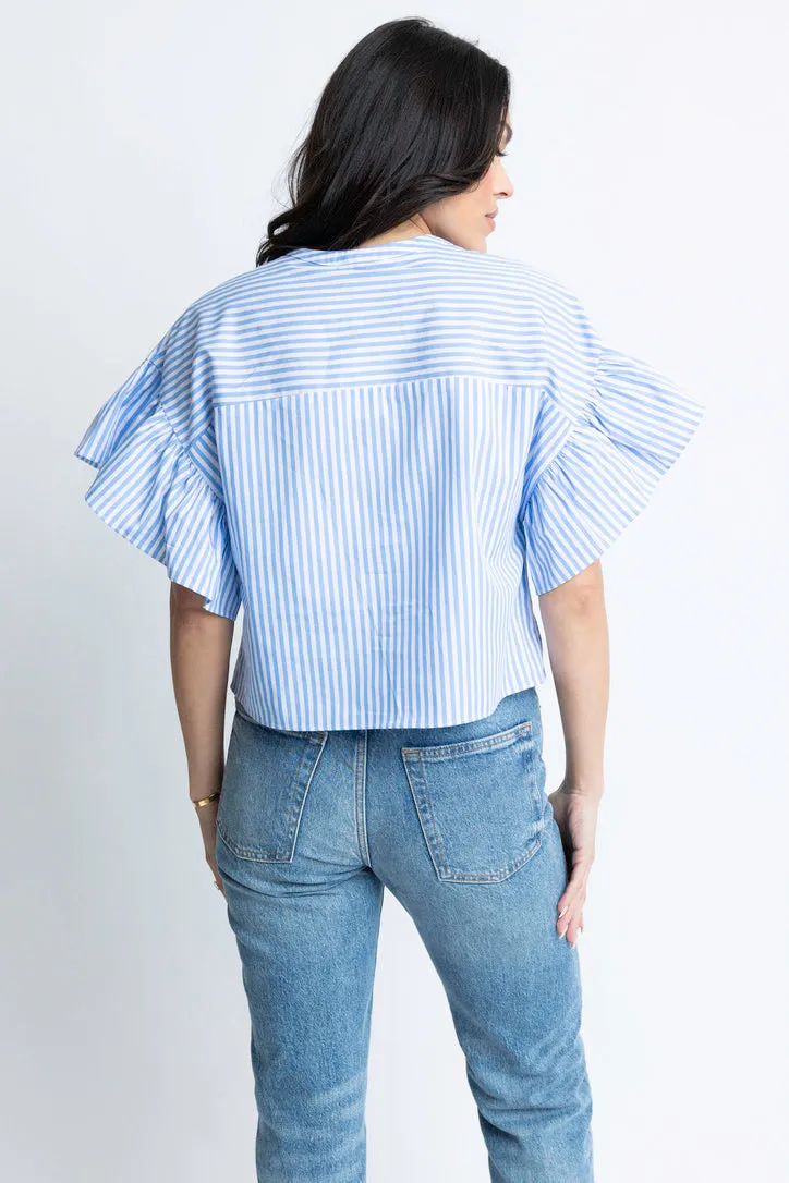 Stripe Poplin Ruffle Sleeve Top