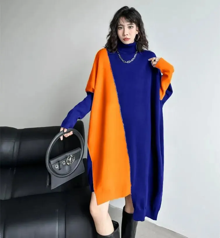 Stylish winter sweater dress with long bat sleeves and color block design