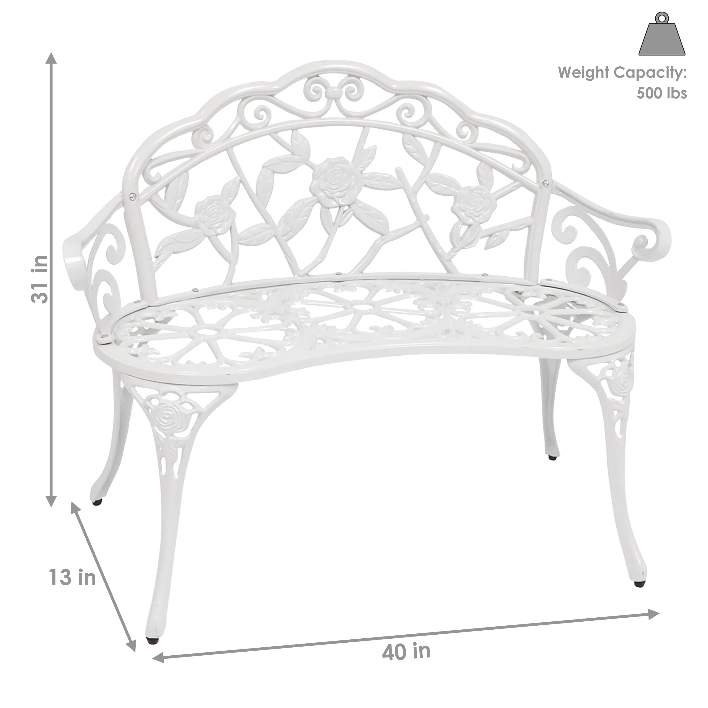 Sunnydaze 2-Person Cast Aluminum Classic Rose Garden Bench - White