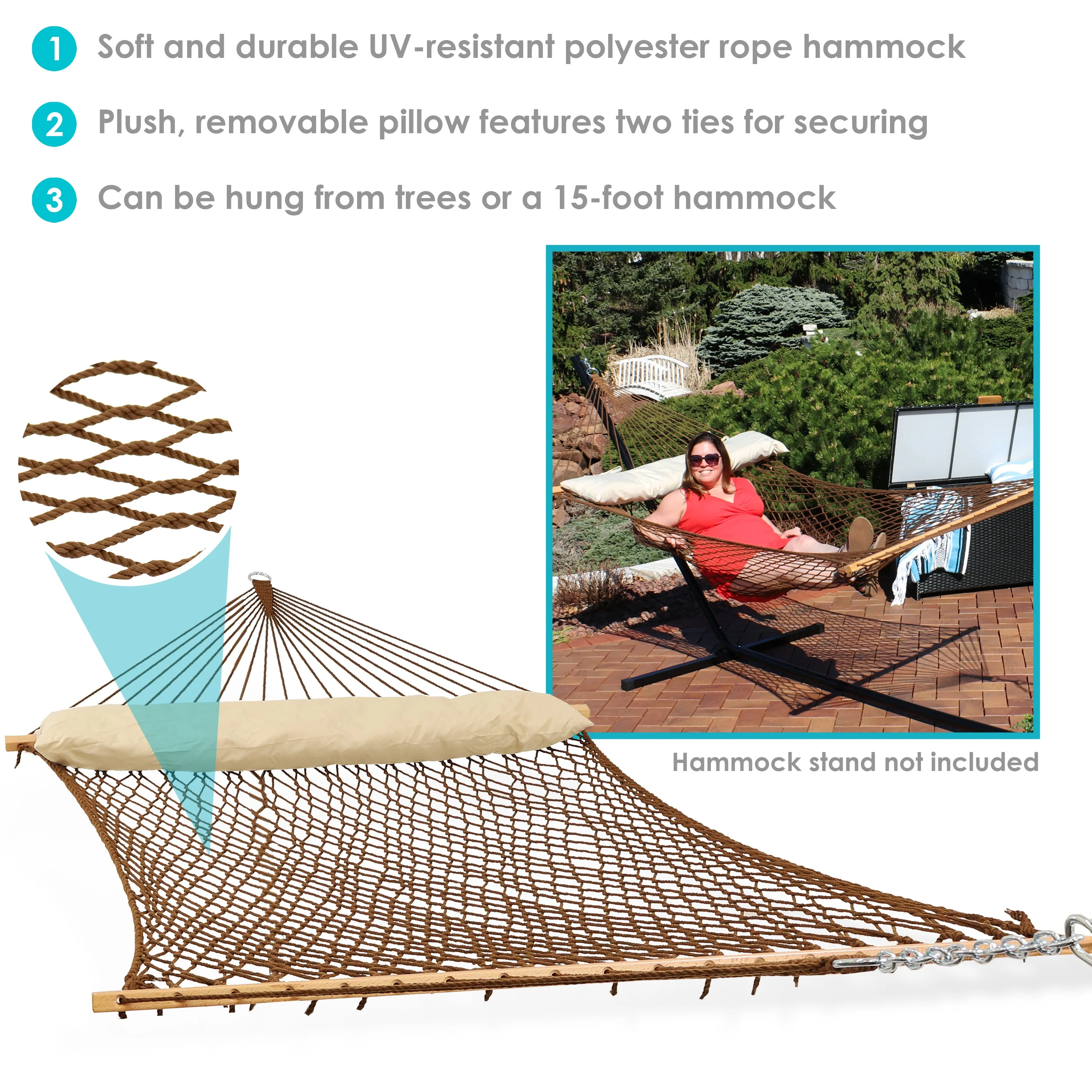 Sunnydaze 2-Person Polyester Rope Hammock with Pillow