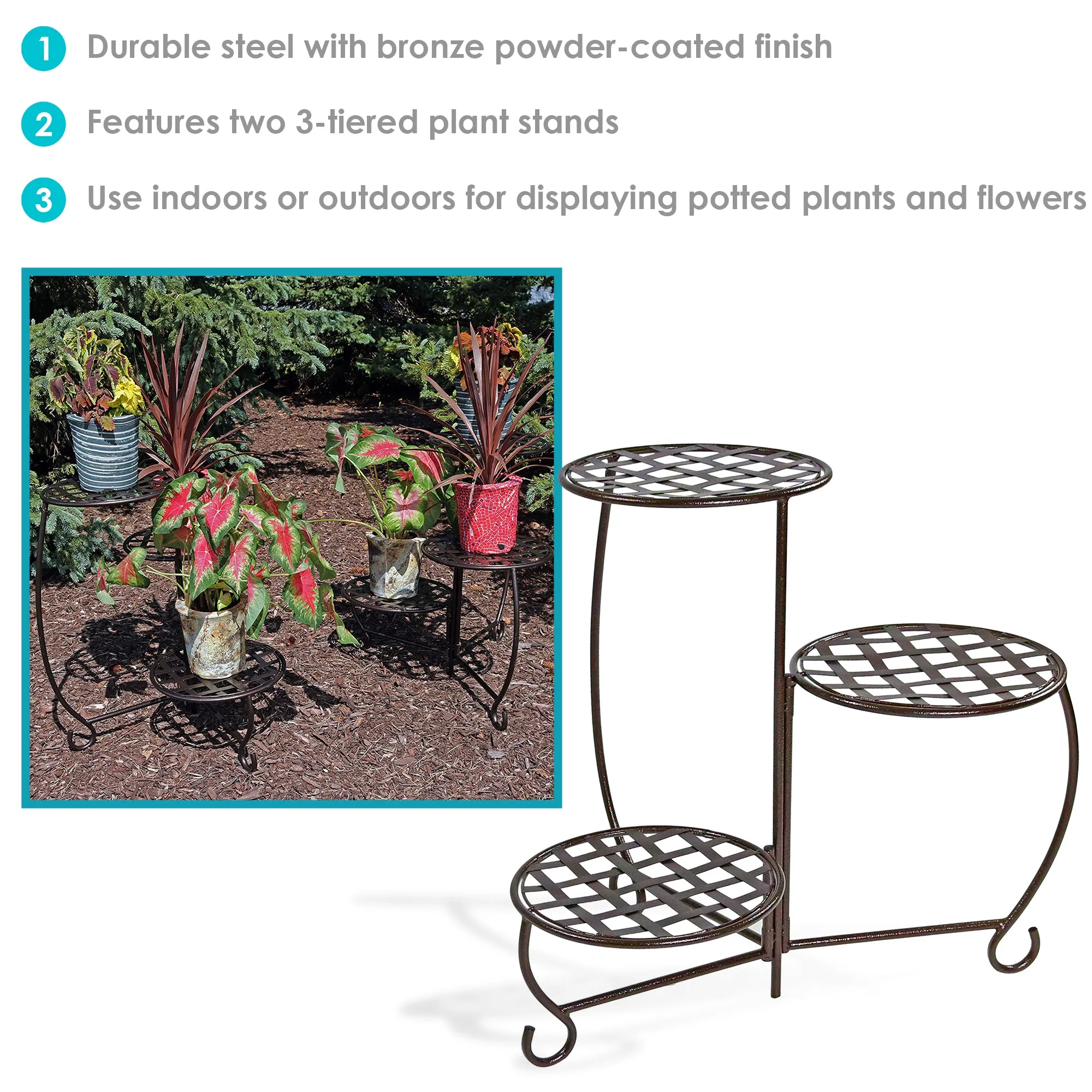 Sunnydaze Bronze Checkered Triple Plant Stand - Set of 2