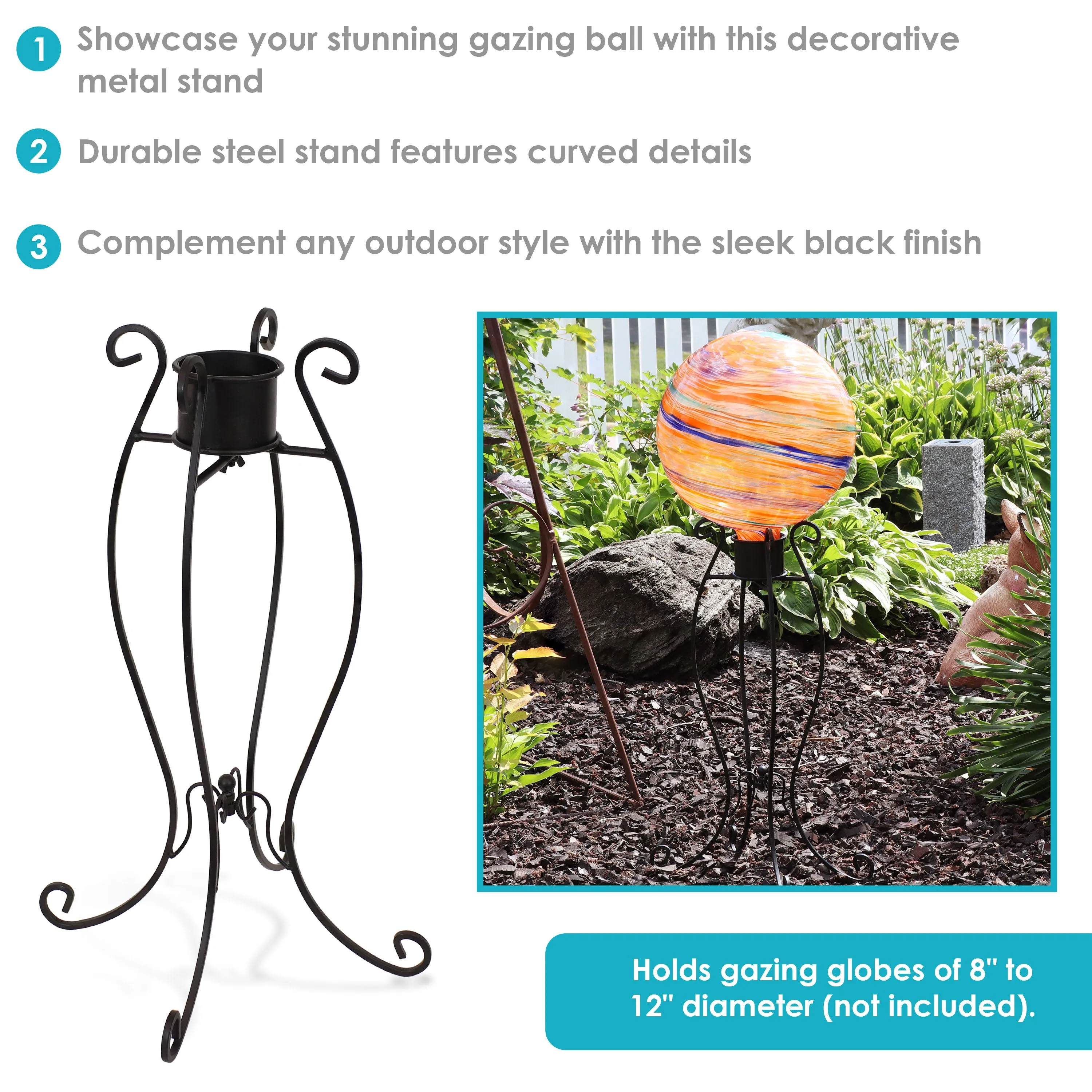 Sunnydaze Graceful Curved Metal Gazing Ball Stand - Black