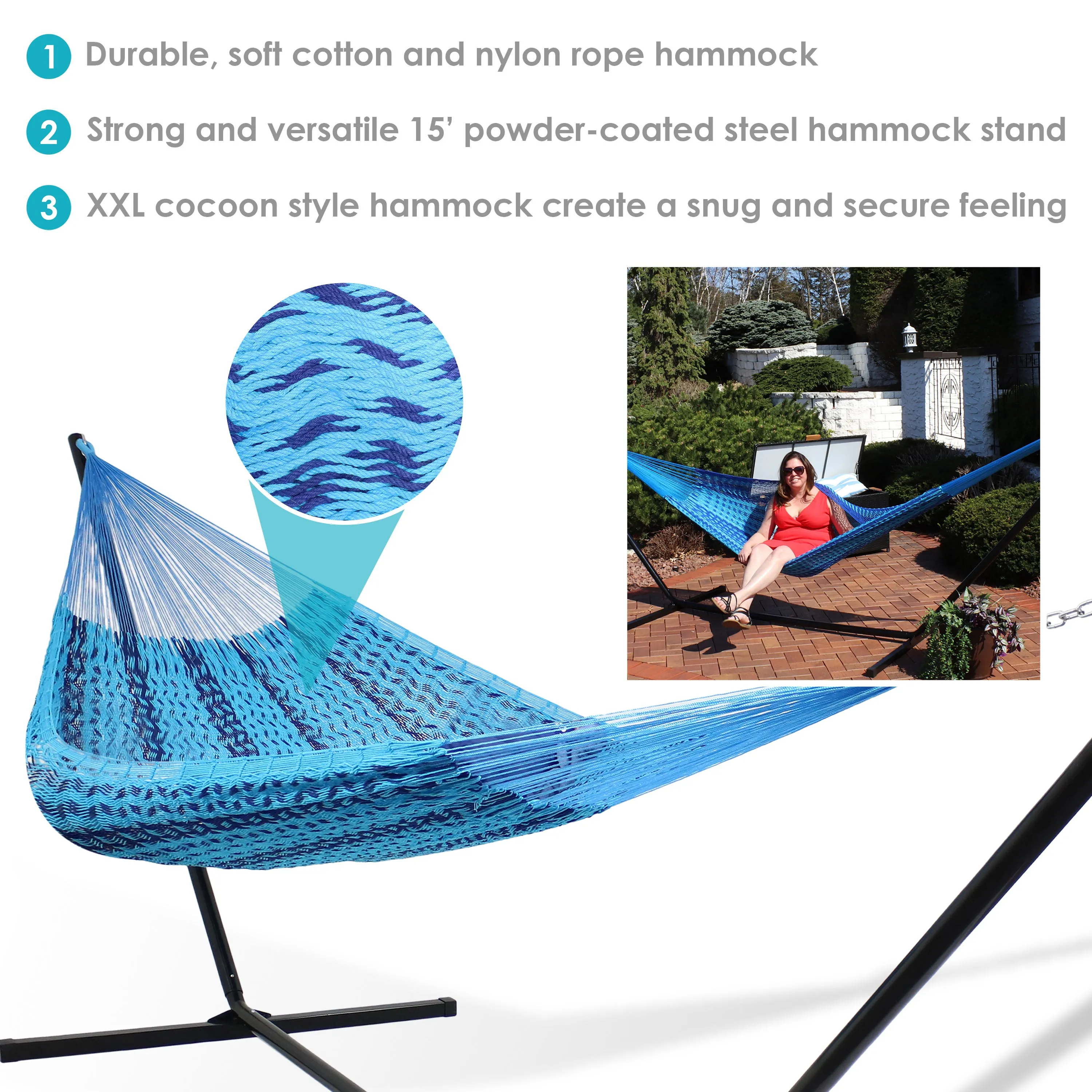 Sunnydaze Handwoven XXL Thick Cord Mayan Hammock with 15-Foot Stand